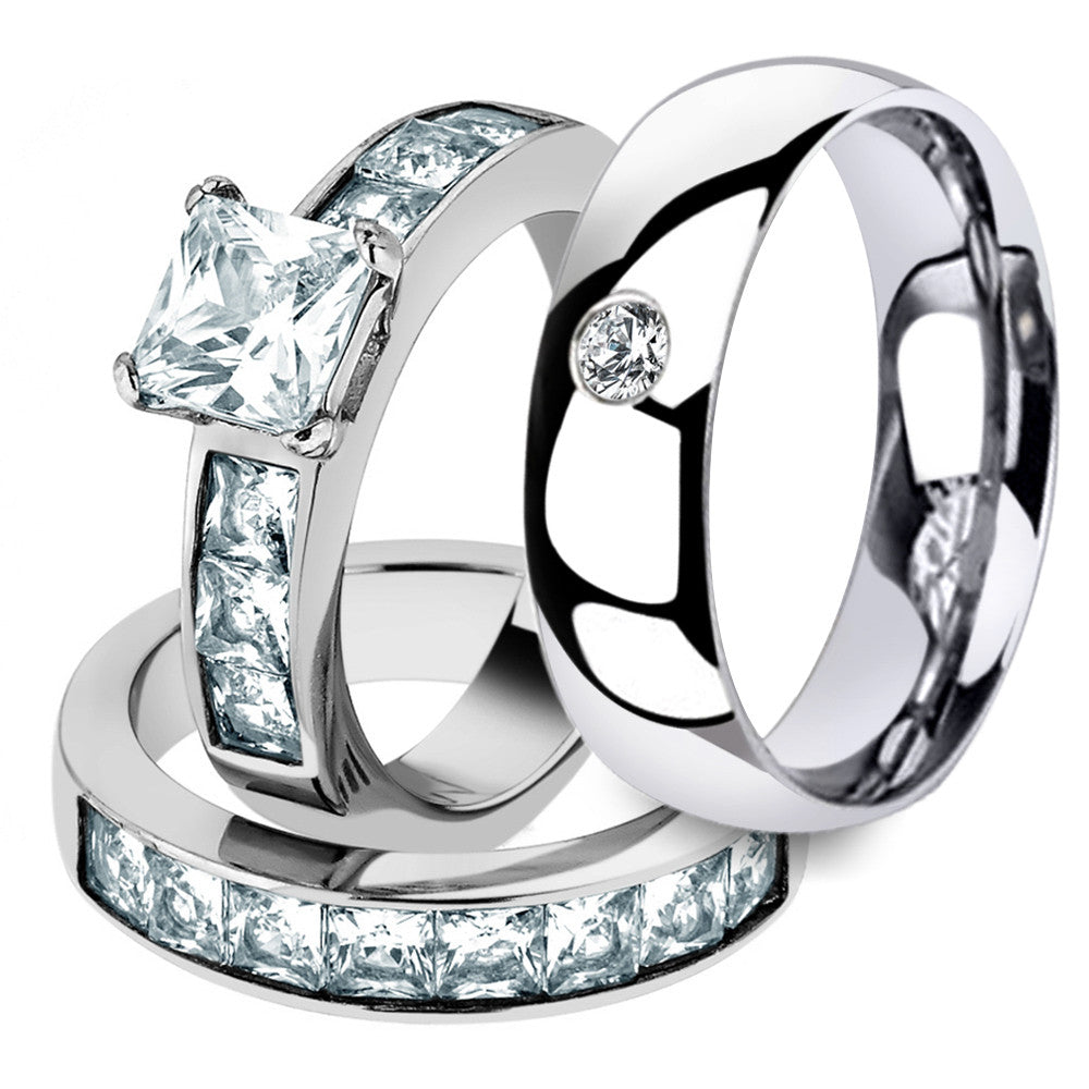 His & Her Stainless Steel 3pc Princess Wedding Ring Set & Men's Classic Band