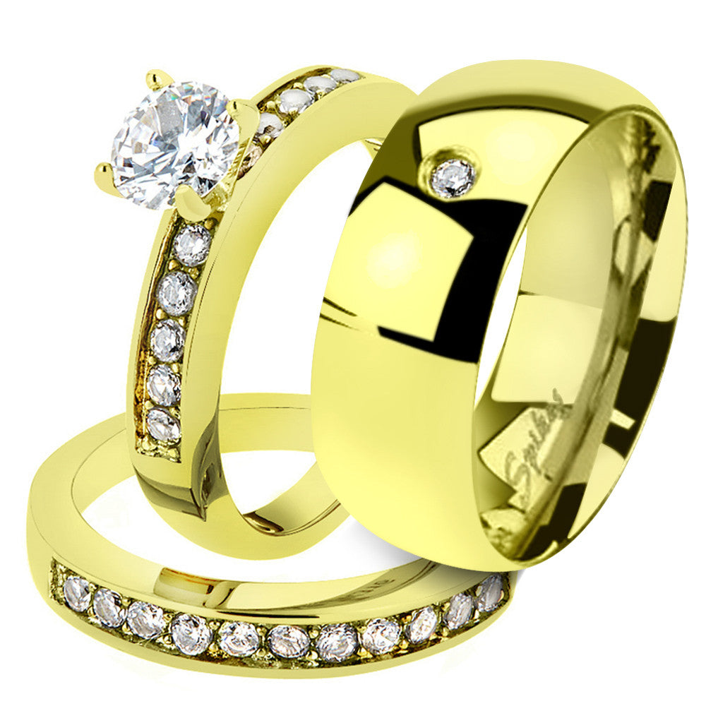 His & Her 1.17Ct Stainless Steel Gold Plated Bridal Ring Set & Men Zirconia Band