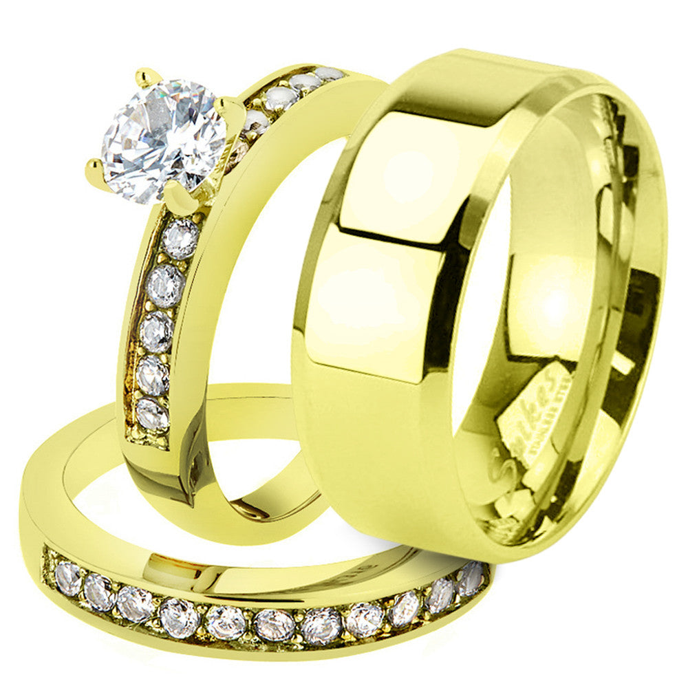 His & Her 1.17Ct Stainless Steel Gold Plated Bridal Ring Set & Mens Wedding Band