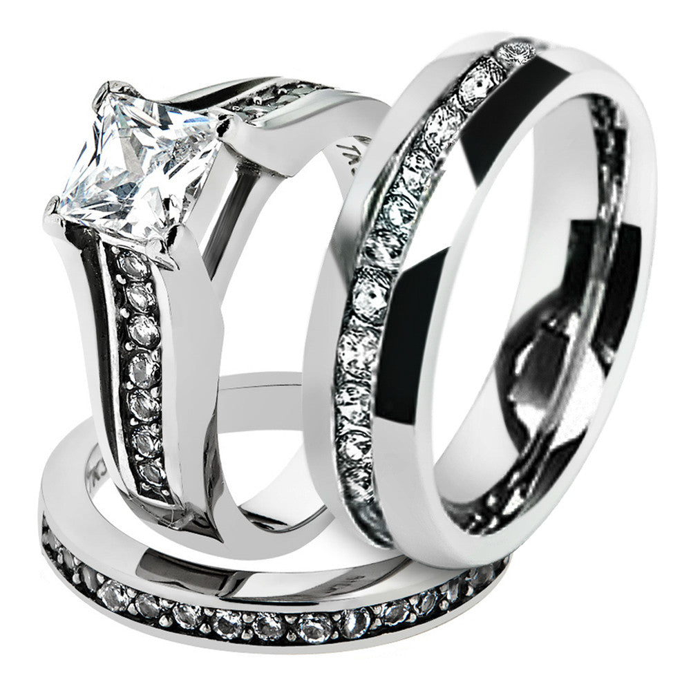 His & Hers 3 Pc Stainless Steel Princess Bridal Ring Set & Eternity Wedding Band