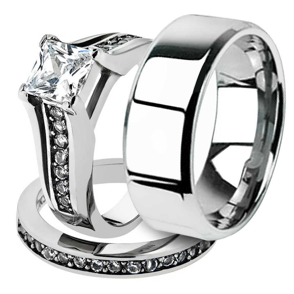 His & Hers Stainless Steel Princess Bridal Ring Set & Beveled Edge Wedding Band