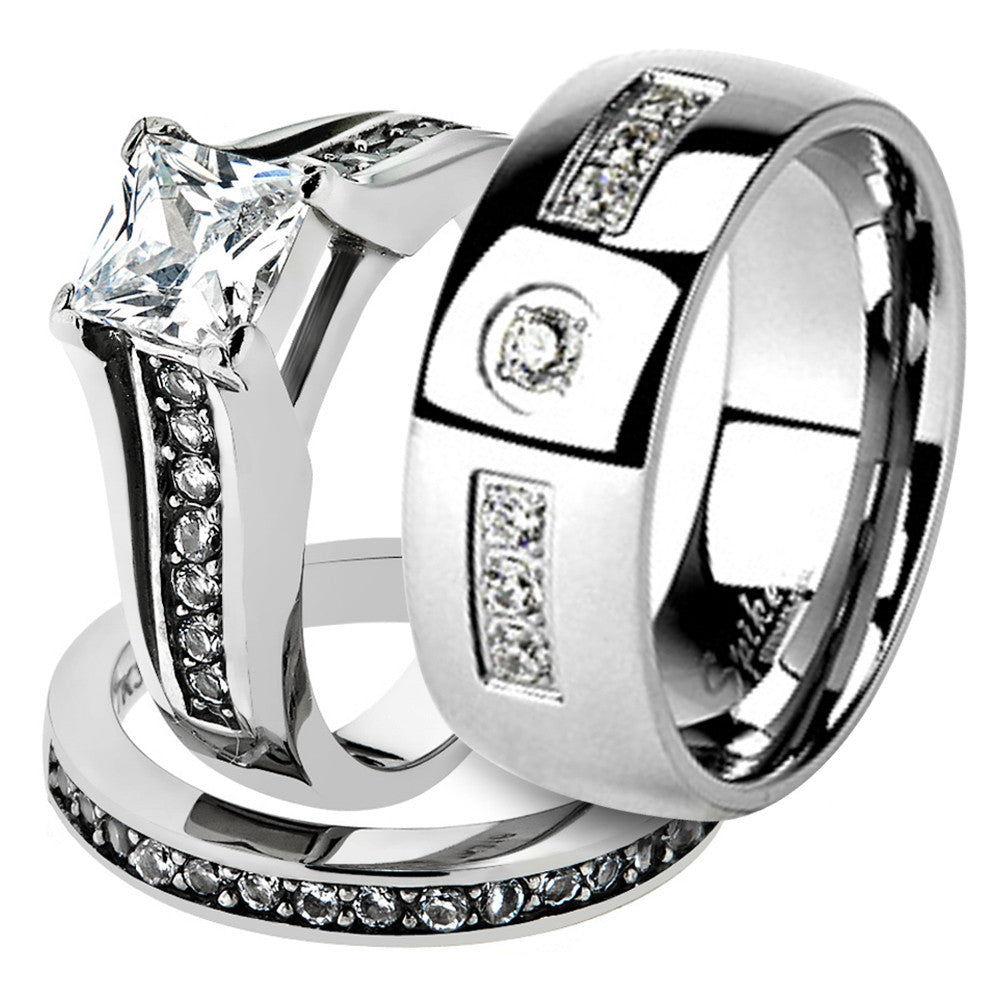 His & Her Stainless Steel 2.10 Ct Cz Bridal Ring Set & Men Zirconia Wedding Band