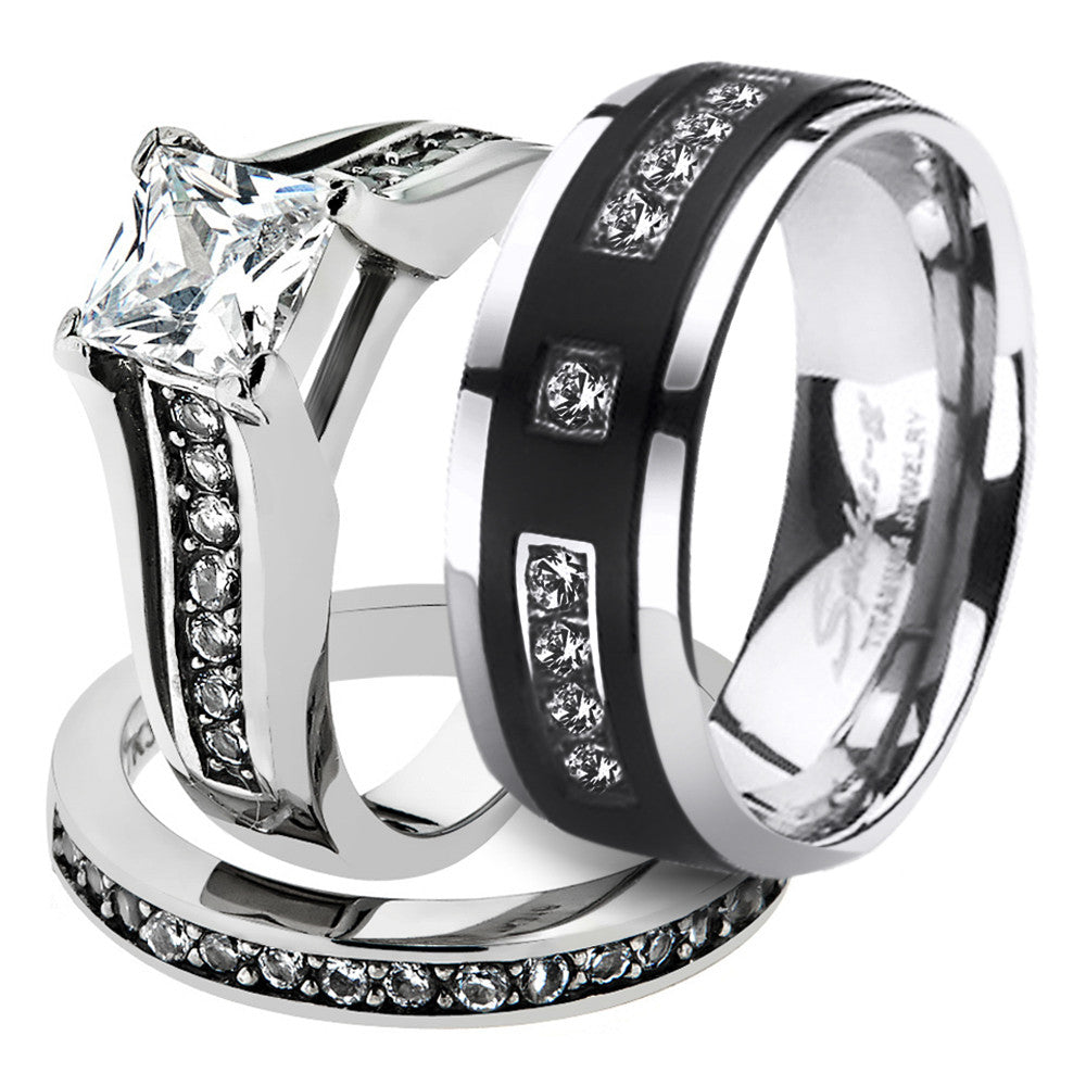 His & Hers Stainless Steel Princess Bridal Ring Set & Mens Titanium Wedding Band