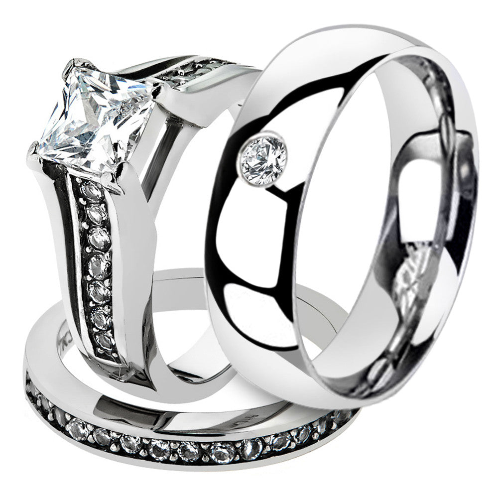 Hers & His Stainless Steel Princess Bridal Ring Set & Mens Zirconia Wedding Band