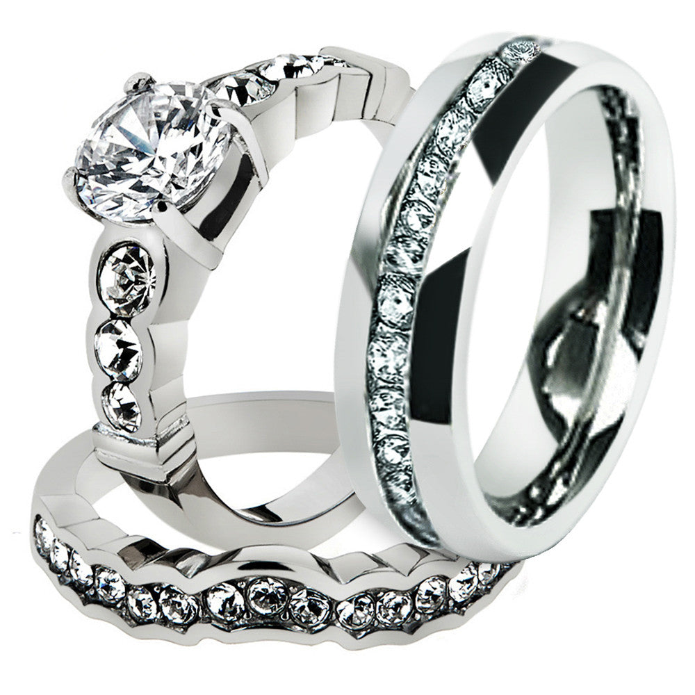 His & Hers 3 pc Stainless Steel Bridal Ring Set & Men's Eternity Wedding Band