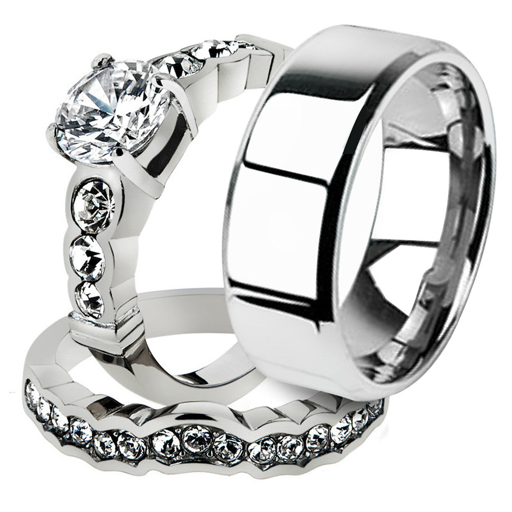 His & Hers 3pc Stainless Steel Bridal Ring Set & Men's Beveled Edge Wedding Band