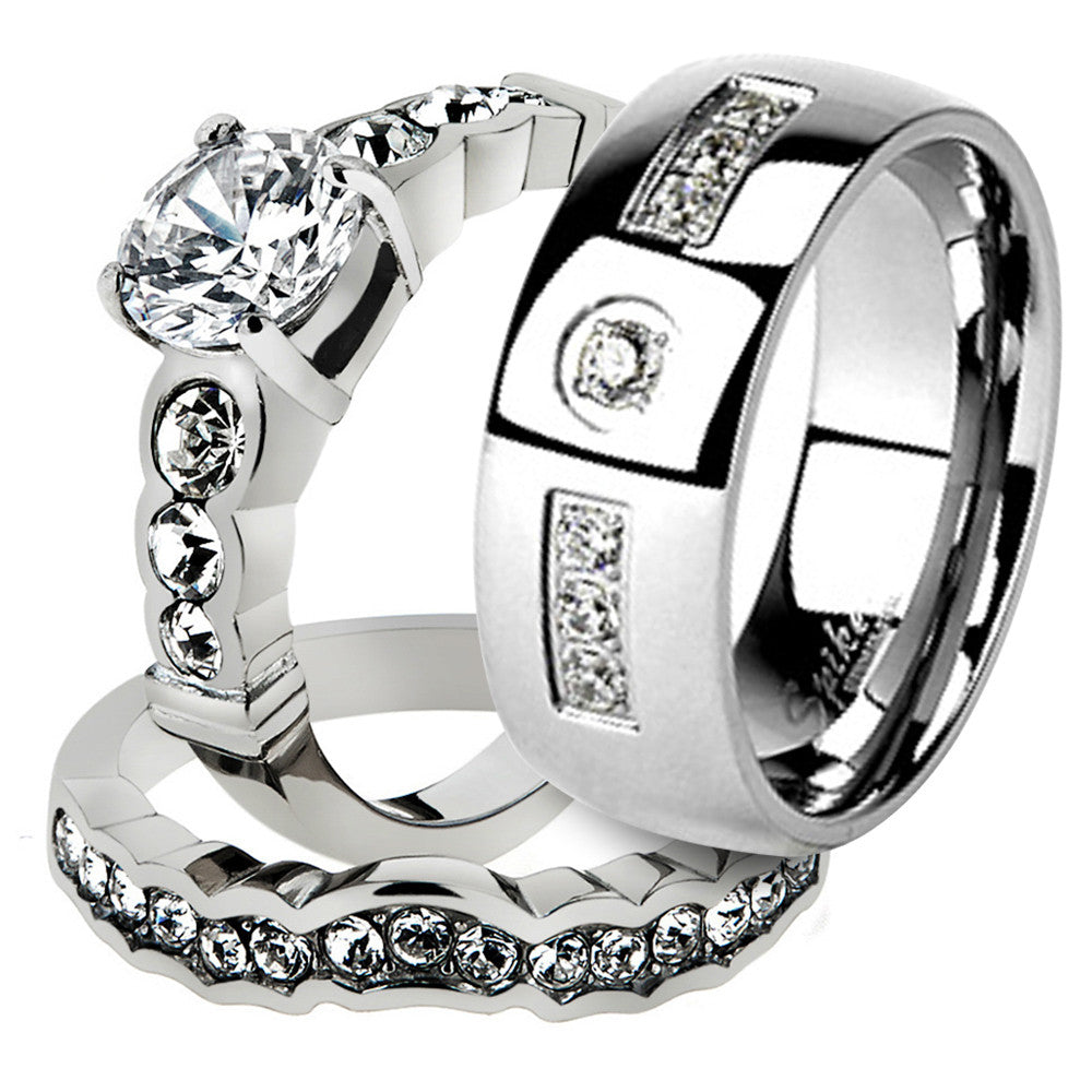 His & Her Stainless Steel 2.35 Ct Cz Bridal Ring Set & Men Zirconia Wedding Band