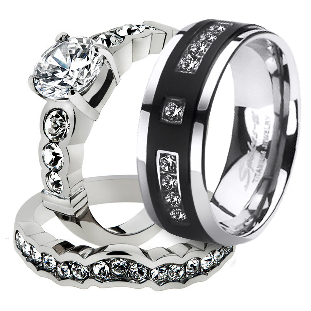 His & Her 3 Piece Stainless Steel Bridal Ring Set & Men's Titanium Wedding Band