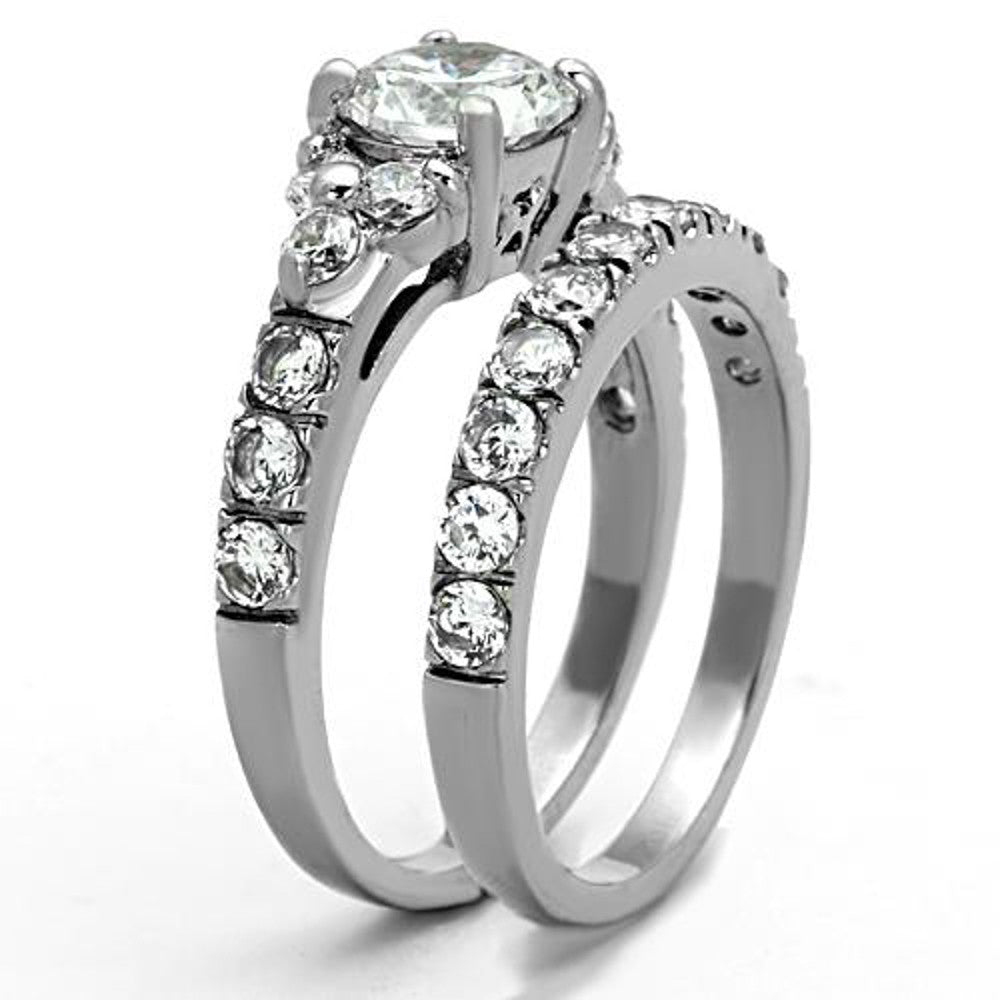 ST1331-AR001 His & Her 3pc Stainless Steel 2.50 Ct Cz Bridal Set & Men's Classic Wedding Band