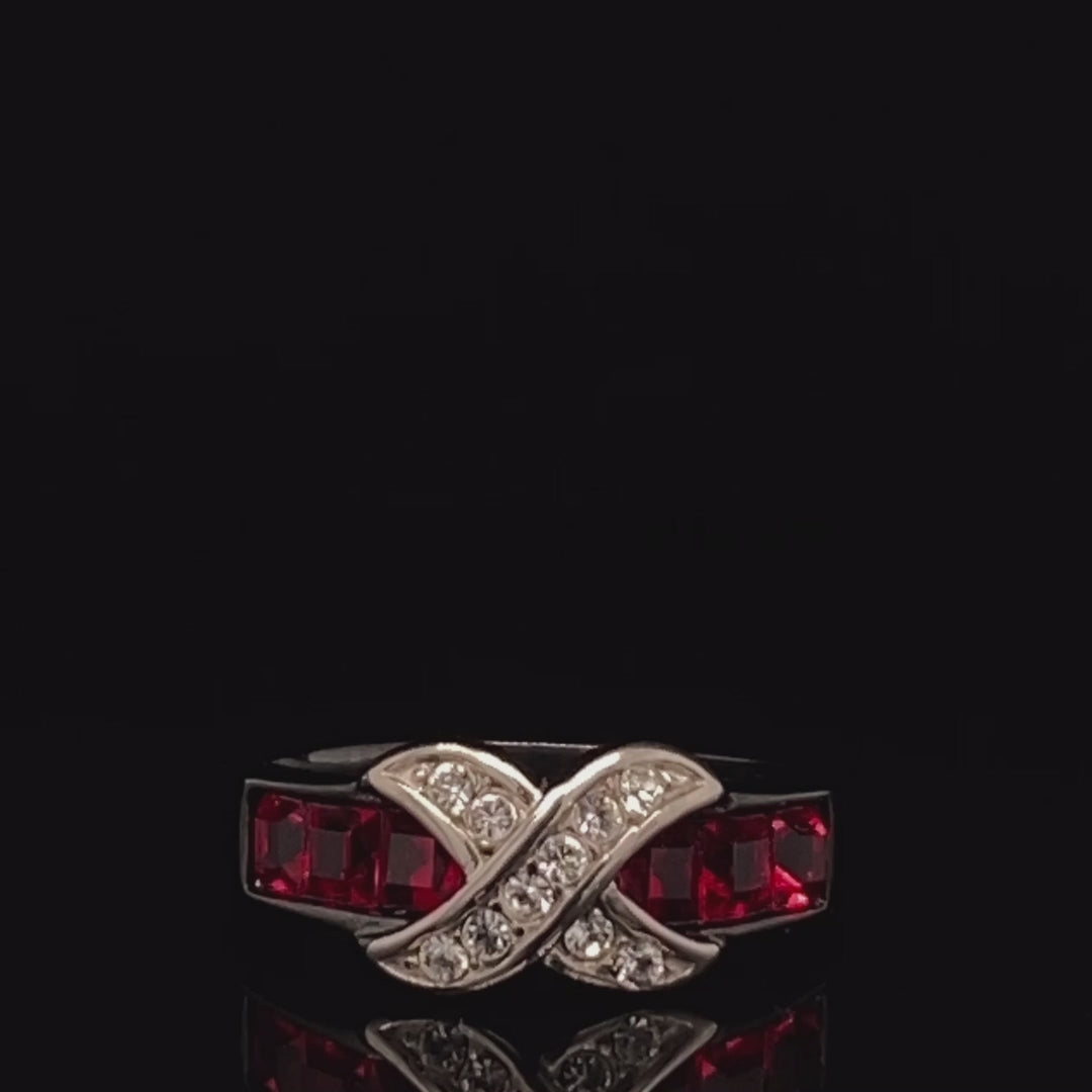 1.50 Carat Ruby Red and Clear Cubic Zirconia Black Stainless Steel Fashion Ring Size 5-10