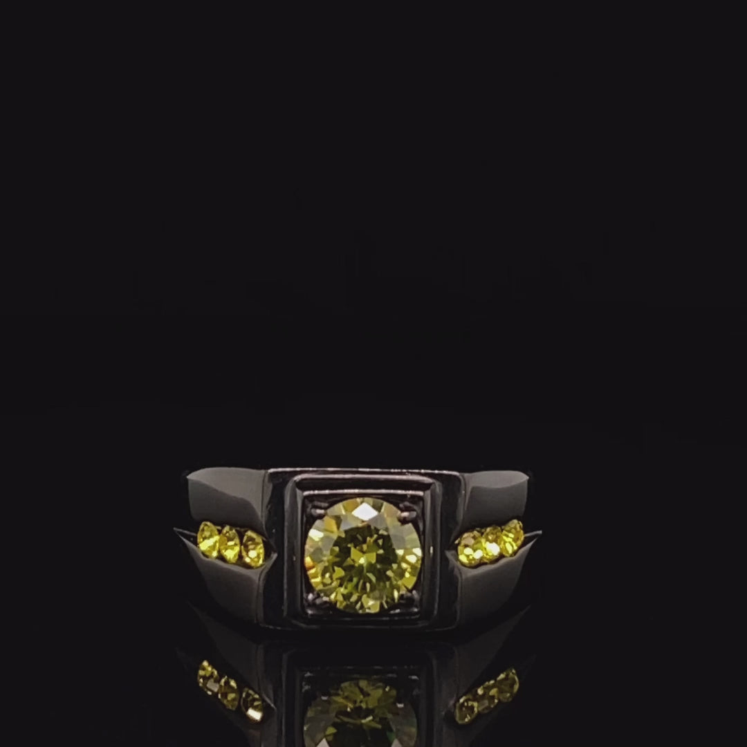 Men's Black Stainless Steel Ring - 1 Ct Olivine Green Cubic Zirconia, Ion Plated, Sizes 8-13