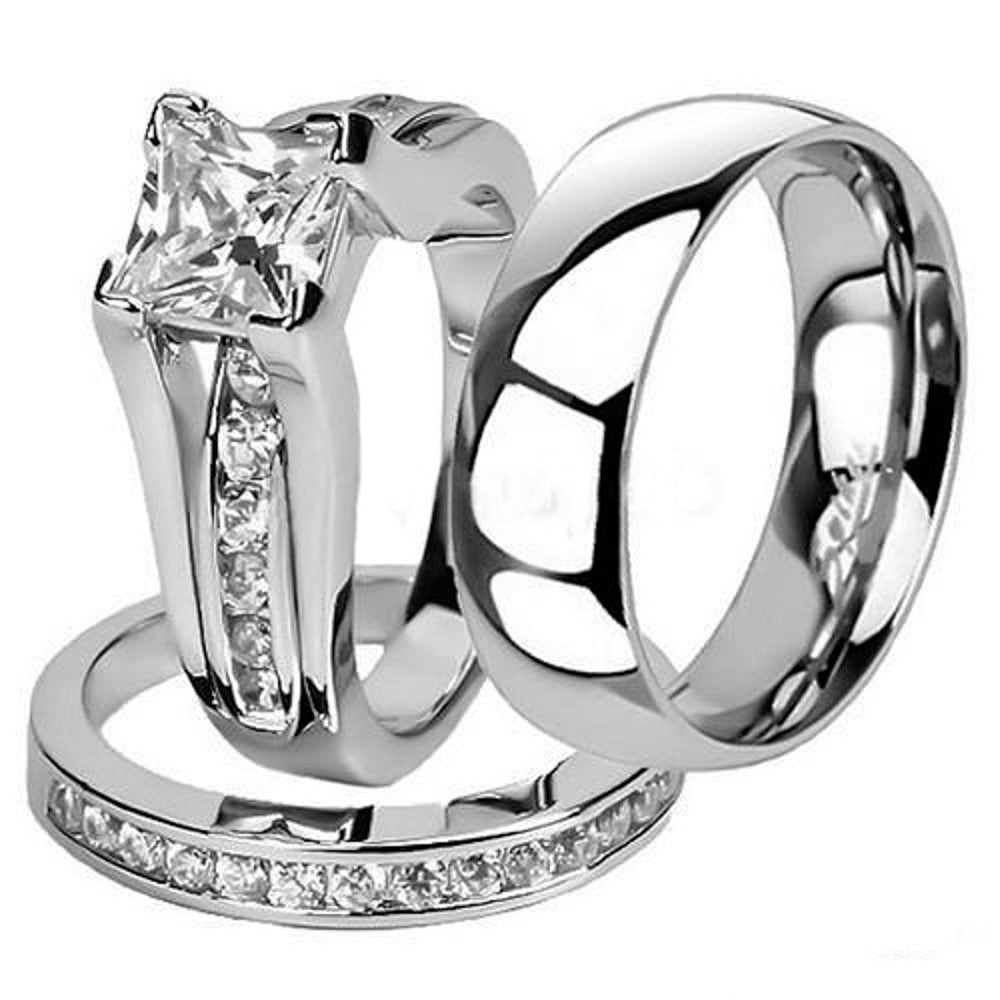 ST0W383-AR001 His and Hers Stainless Steel Princess Wedding Ring Set and Classic Wedding Band