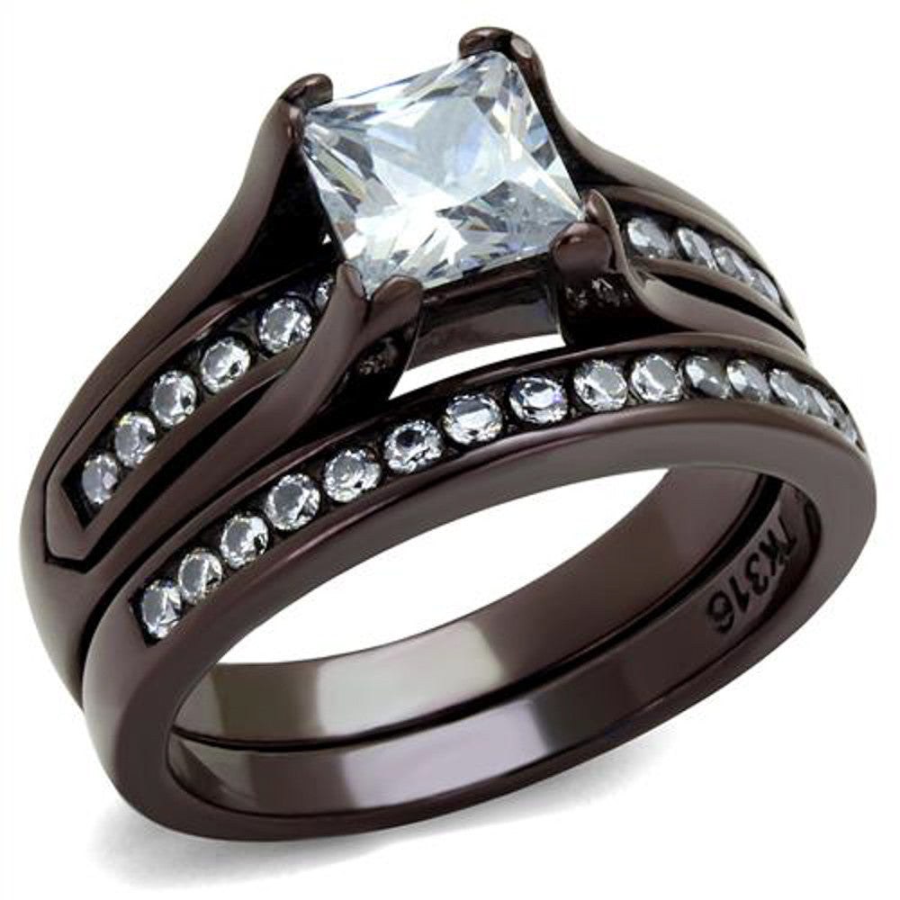 2.10 Ct Princess Cut Zirconia Brown Stainless Steel Wedding Ring Set Womens 5-10