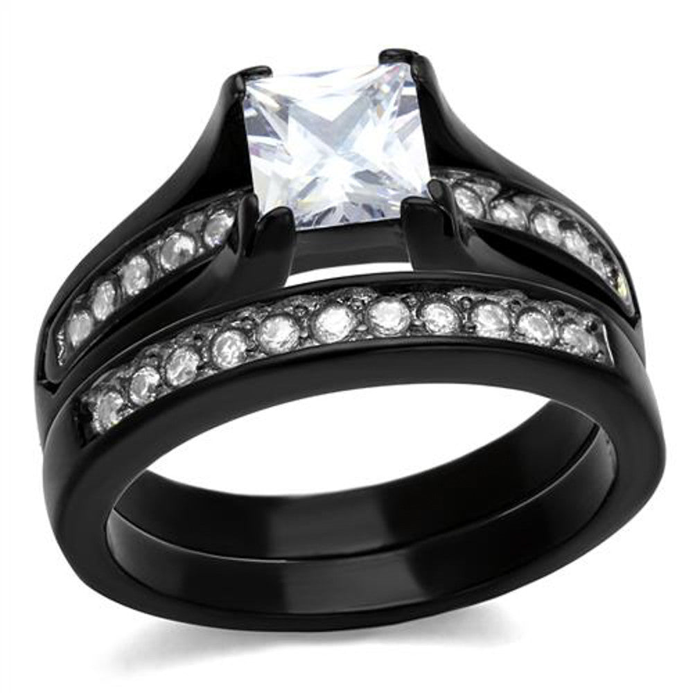 ST0W383J-ARTI4317 His & Her Black Plated Stainless Steel Bridal Ring Set & Titanium Wedding Band