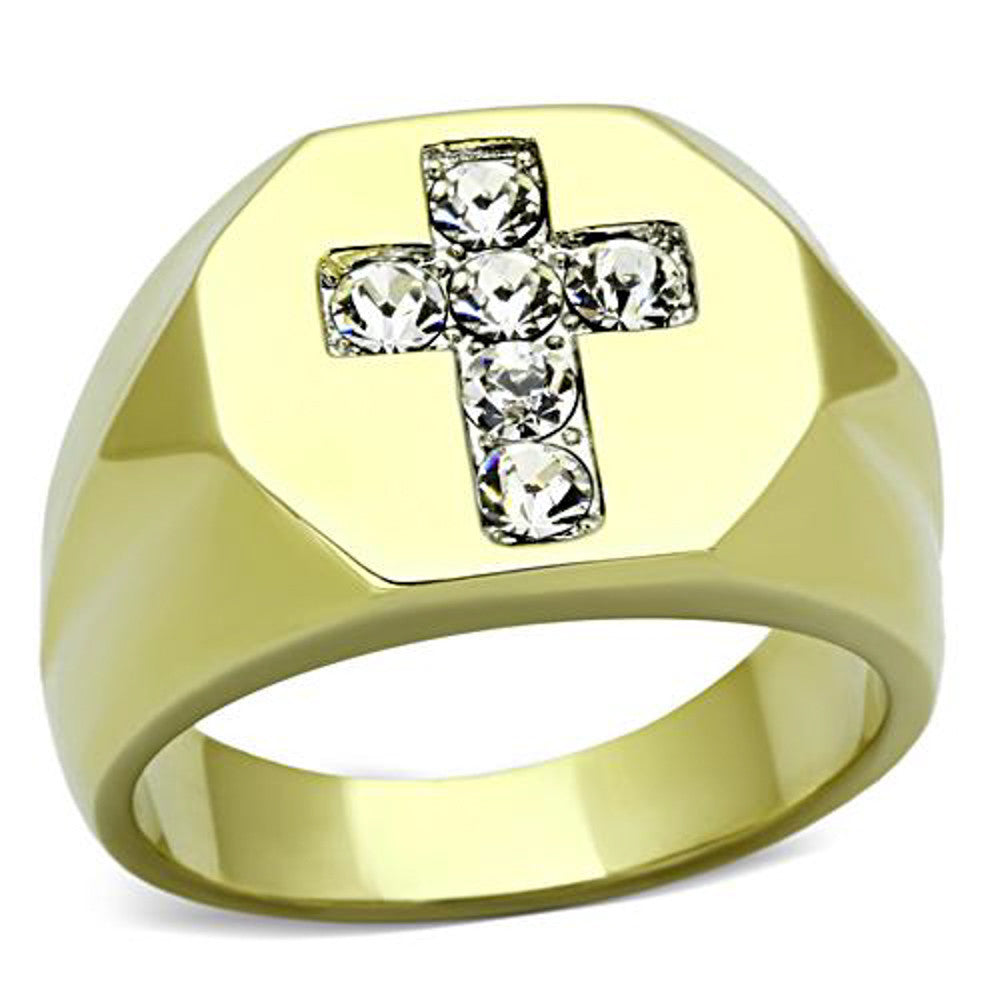 Men's Stainless Steel 14k Gold Ion Plated Simulated Diamond Cross Ring