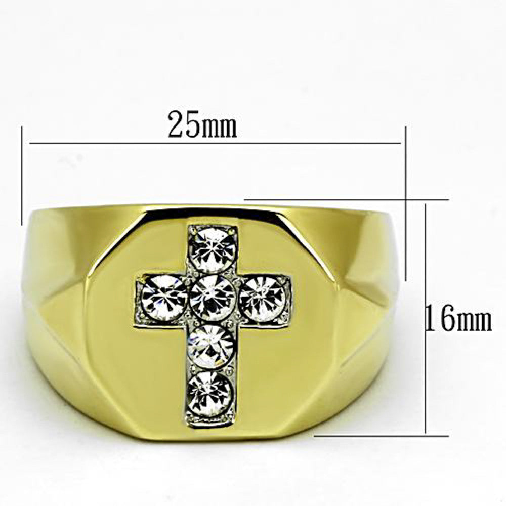 ARTK1062 Stainless Steel Men's Stainless Steel 14k Gold Ion Plated Simulated Diamond Cross Ring Size 8-13