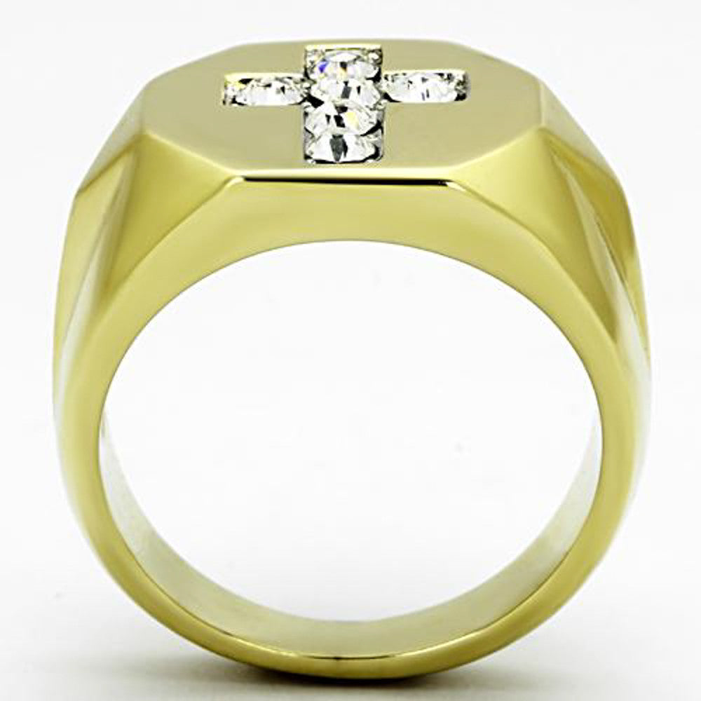 ARTK1062 Stainless Steel Men's Stainless Steel 14k Gold Ion Plated Simulated Diamond Cross Ring Size 8-13