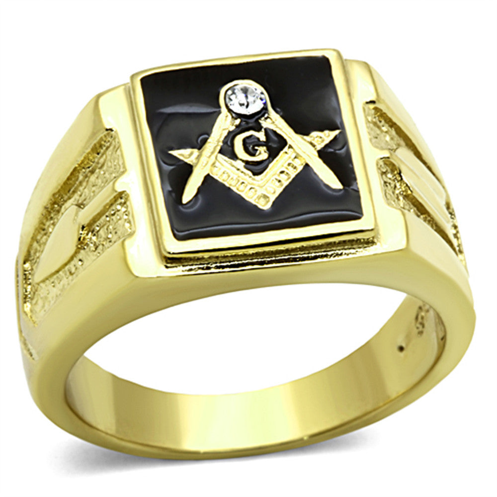 Men's Stainless Steel 14k Gold I.P. Crystal Masonic Lodge Freemason Ring Sz 8-13
