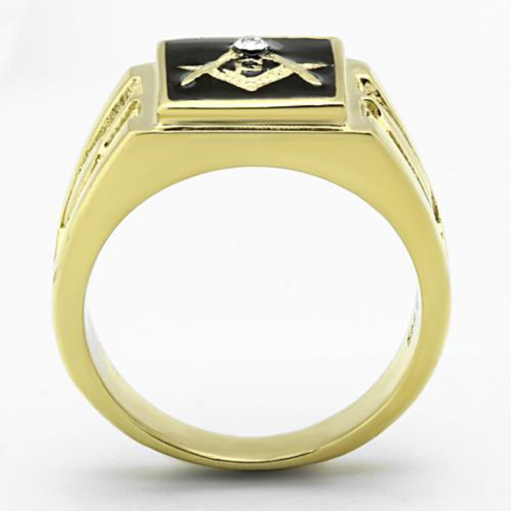 Men's Stainless Steel 14k Gold I.P. Crystal Masonic Lodge Freemason Ring Sz 8-13