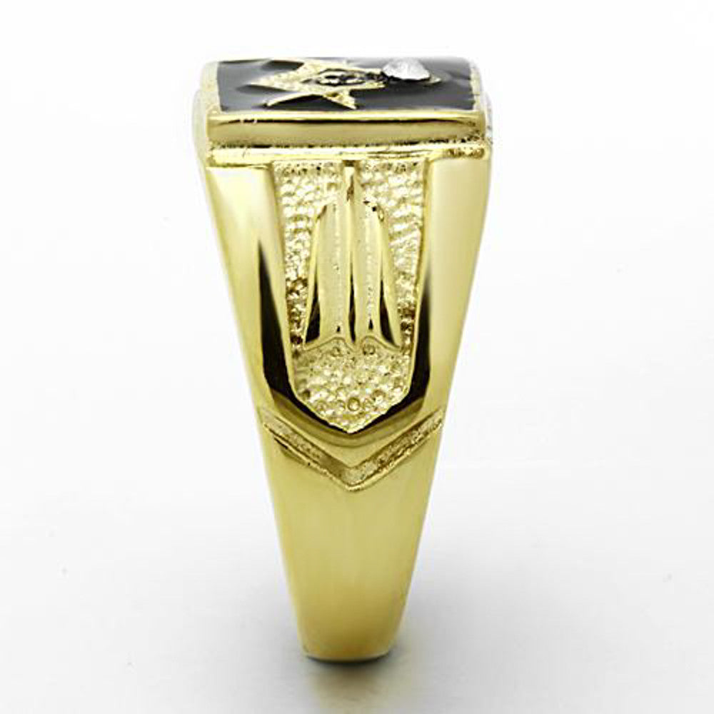 Men's Stainless Steel 14k Gold I.P. Crystal Masonic Lodge Freemason Ring Sz 8-13