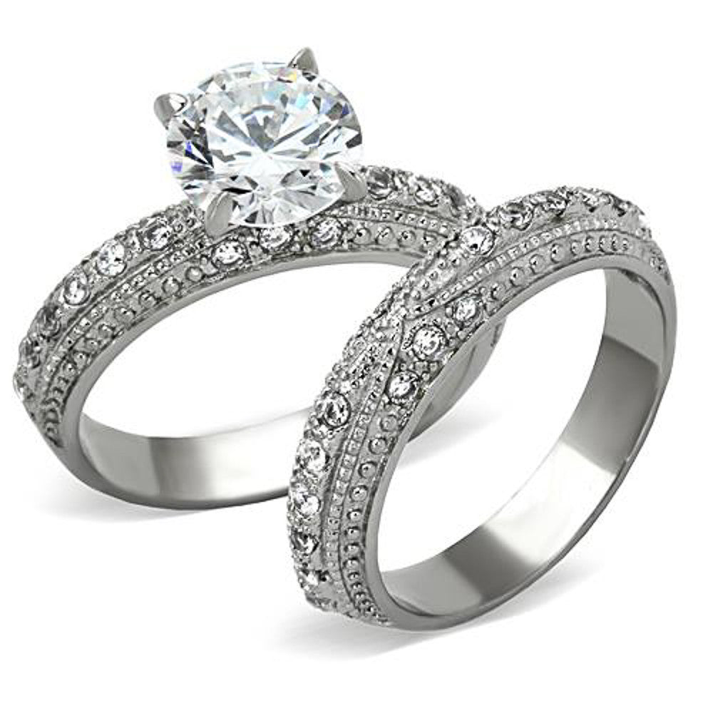 Stainless Steel 3.25 Ct Round Cut CZ Vintage Wedding Ring Set Women's Size 5-10