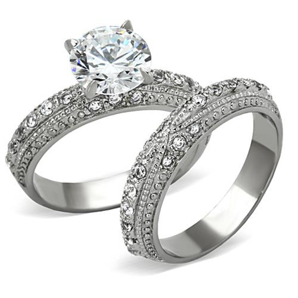 ST1228-AR011 His & Hers Stainless Steel Vintage Bridal Ring Set & Mens Zirconia Wedding Band