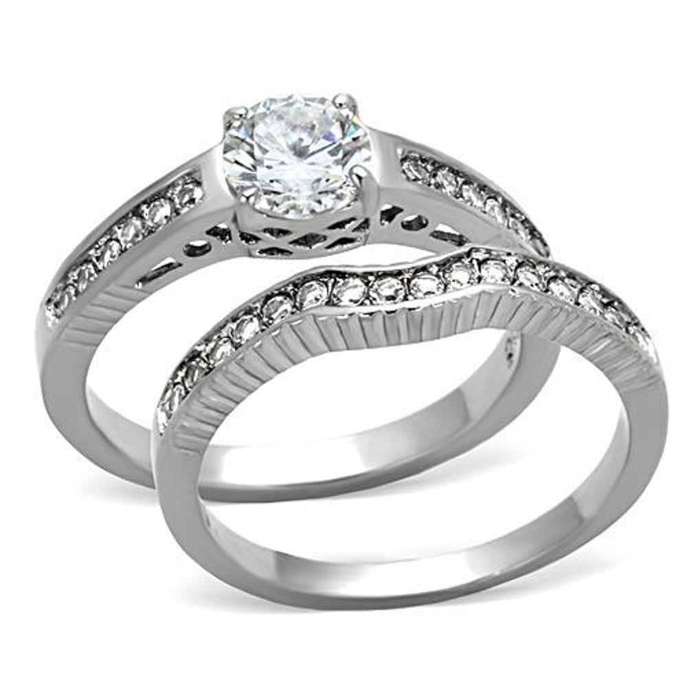 ST1231-AR011 His & Her 3 Pc Stainless Steel 1.75 Ct Cz Bridal Set & Men Zirconia Wedding Band