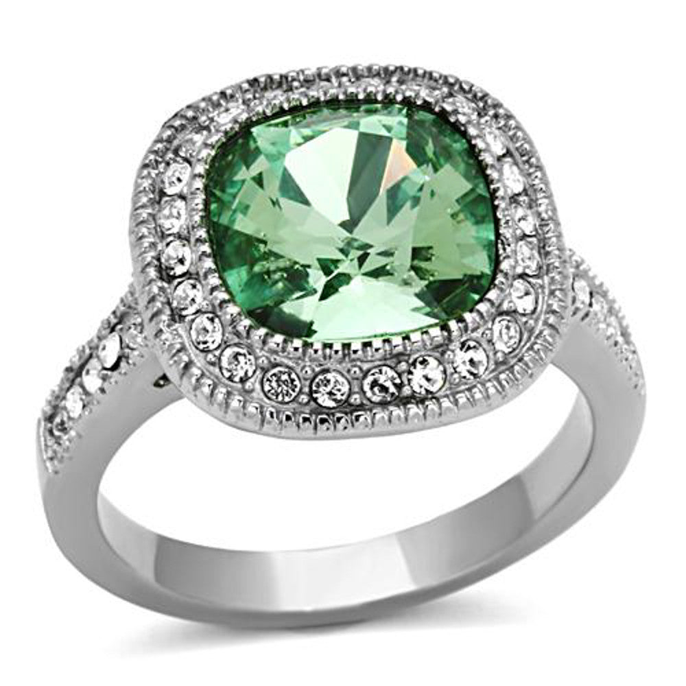 Stainless Steel 4 Ct Emerald Color Cushion Cut Stainless Steel Halo Engagement Ring Size 5-10