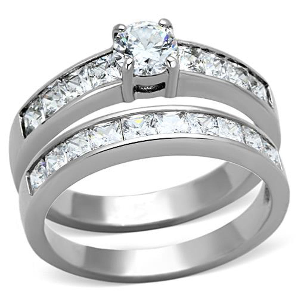 ST1321-ARM0006 His & Her 3pc Stainless Steel 3.25 Ct Cz Bridal Ring Set & Men Beveled Edge Band