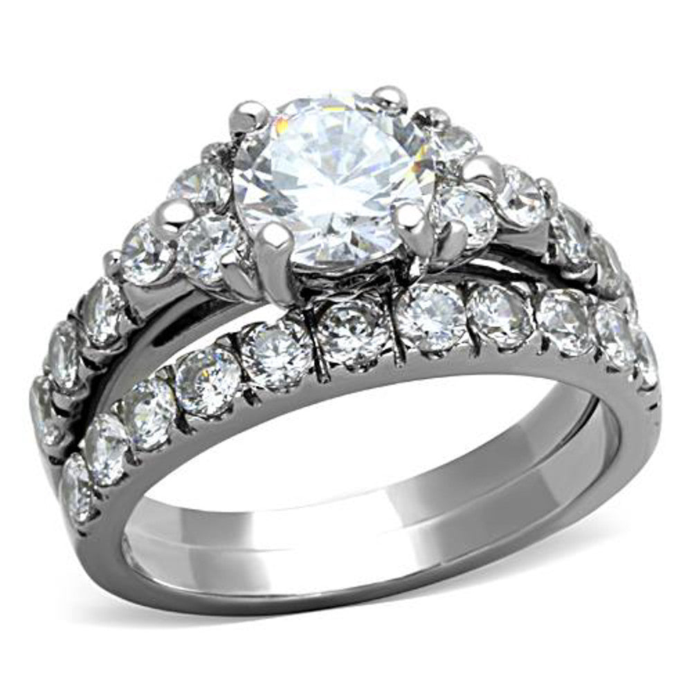 ST1331-AR001 His & Her 3pc Stainless Steel 2.50 Ct Cz Bridal Set & Men's Classic Wedding Band