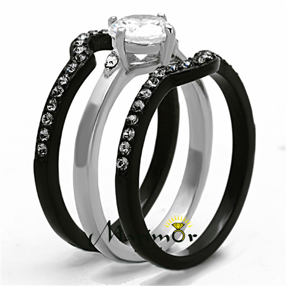 His & Her 4pc Black & Silver Stainless Steel & Titanium Wedding Ring Band Set