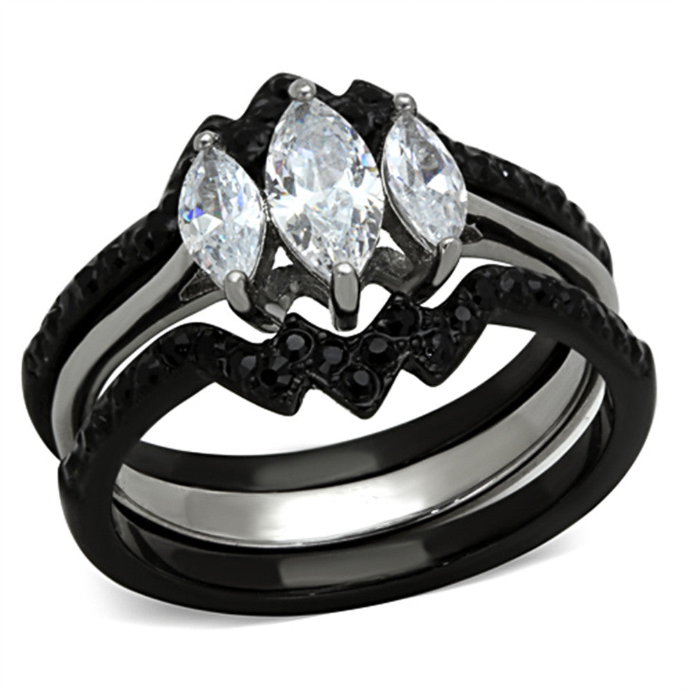 ARTK1347 Stainless Steel 2.25 Ct Marquise Cut CZ Black Wedding Ring Set Women's