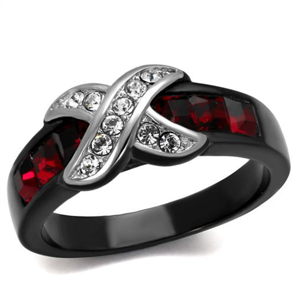 1.50 CT RUBY RED & CLEAR CZ BLACK STAINLESS STEEL FASHION RING SIZE