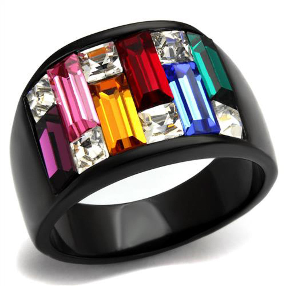 4.68 Ct Multi-Color Crystal Black Stainless Steel Cocktail Ring Women's Sz 5-10