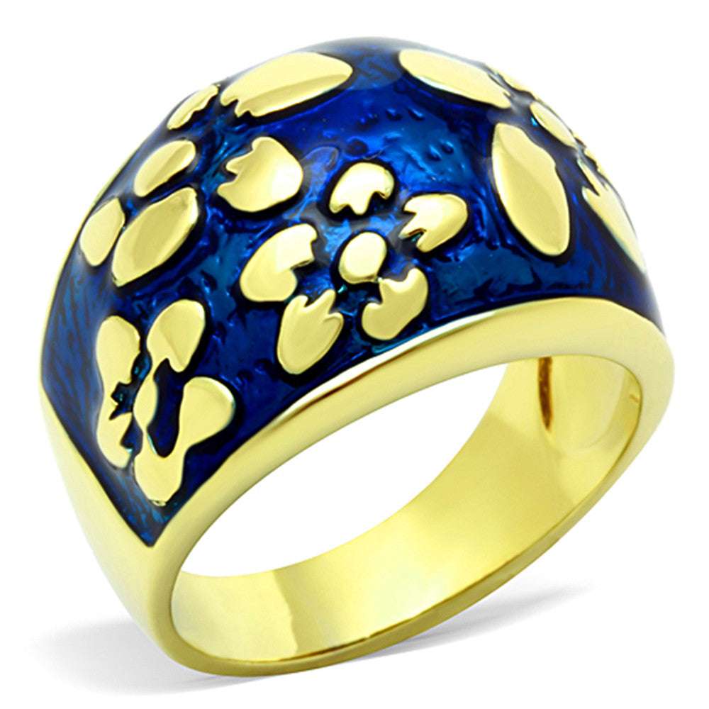 Stainless Steel 14K Gold Plated & Capri Blue Epoxy Flower Fashion Ring Size 5-10