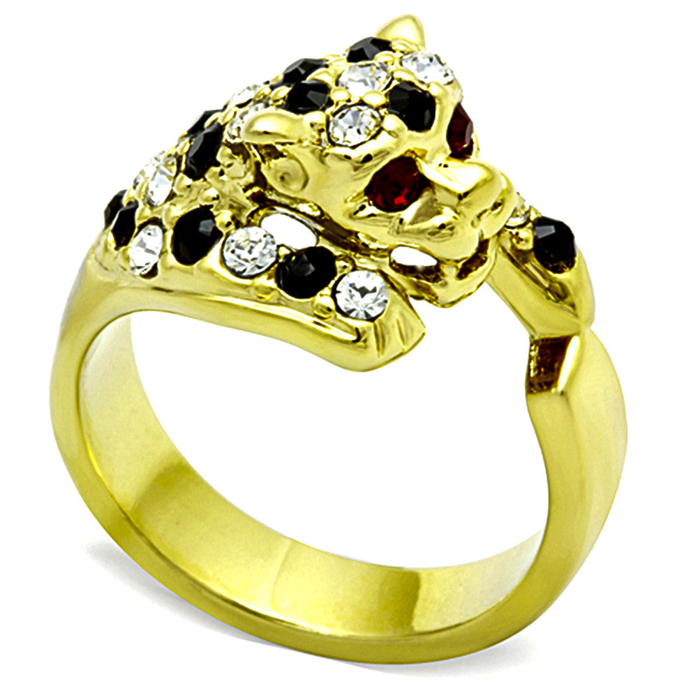 14K GOLD PLATED STAINLESS STEEL MULTI-COLOR CRYSTAL COCKTAIL TIGER RING SZ 5-10