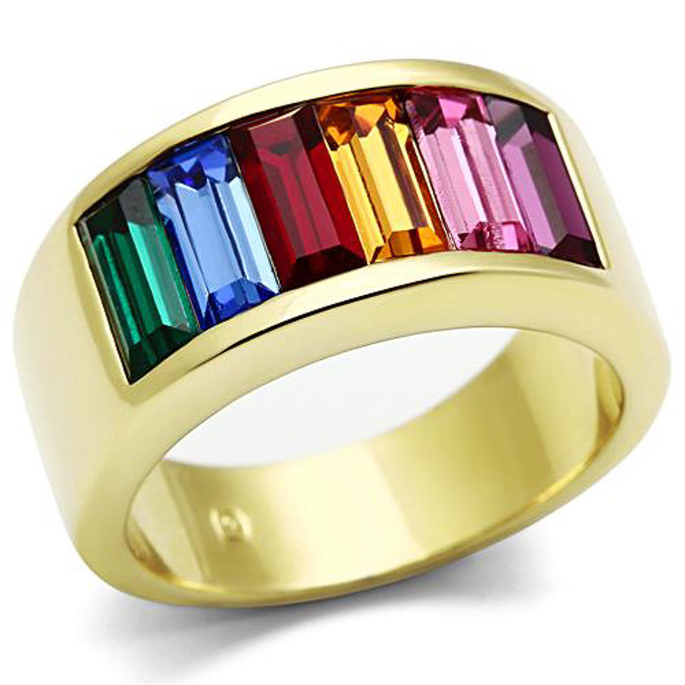 14K GOLD ION PLATED BAGUETTE RAINBOW RING WOMEN'S SIZES 5-10