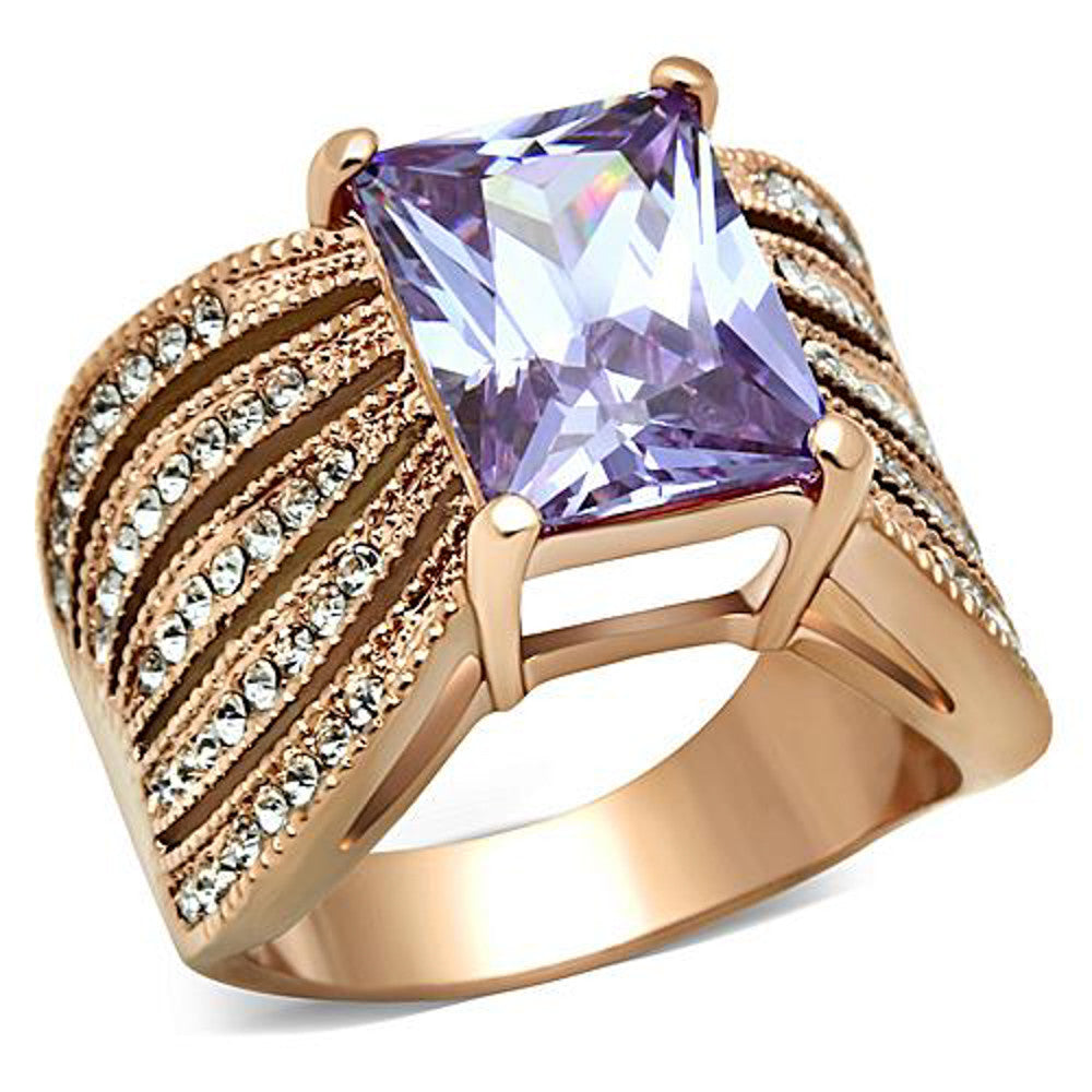 Stainless Steel Womens Light Amethyst Emerald Cut CZ Rose Gold Plated Ring 5-10