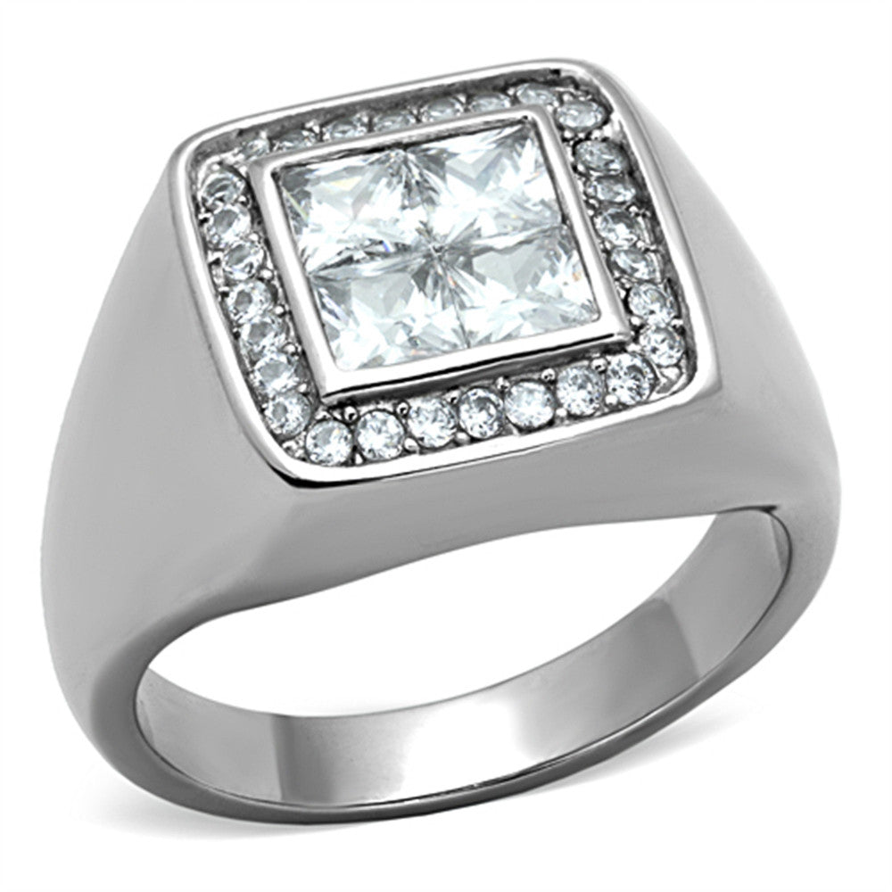 MEN'S 2.01 CT PRINCESS CUT SIMULATED DIAMOND SILVER STAINLESS STEEL RING SZ 8-13