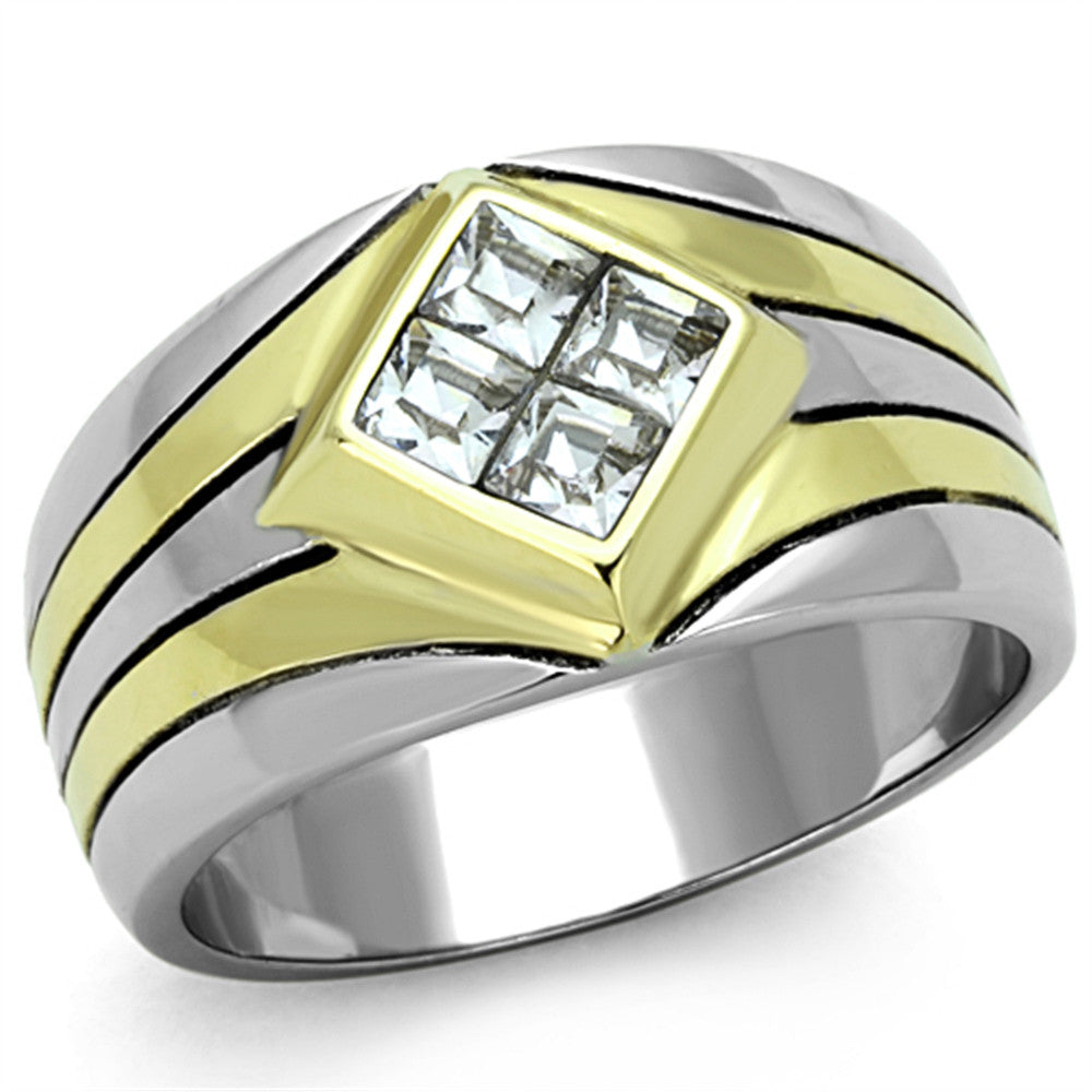 .72CT PRINCESS CUT SIMULATED DIAMOND TWO TONE MEN'S STAINLESS STEEL RING SZ 8-13