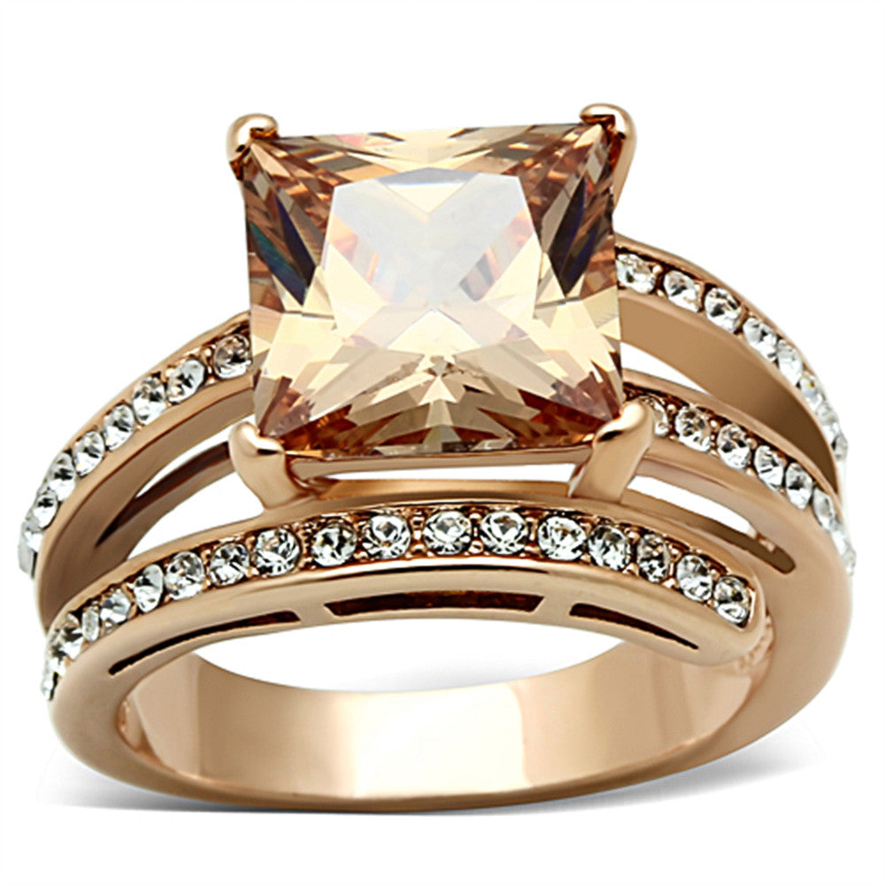 6.85 CT PRINCESS CUT CHAMPAGNE ZIRCONIA ROSE GOLD PLATED COCKTAIL RING SIZE 5-10