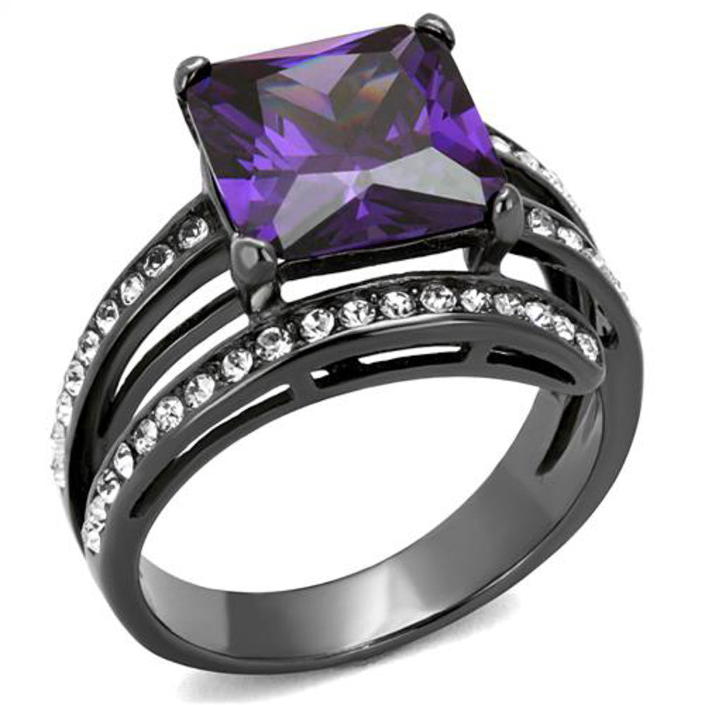 6.85 CT PRINCESS CUT AMETHYST ZIRCONIA LIGHT BLACK PLATED COCKTAIL RING SIZE 5-10