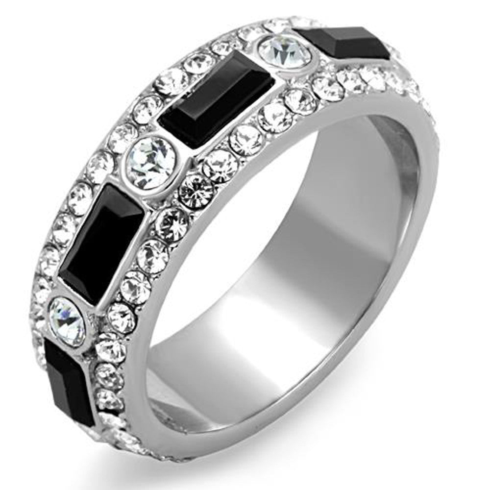 Women's Black Baguette & Clear Round Cut CZ Stainless Steel Eternity Ring Band