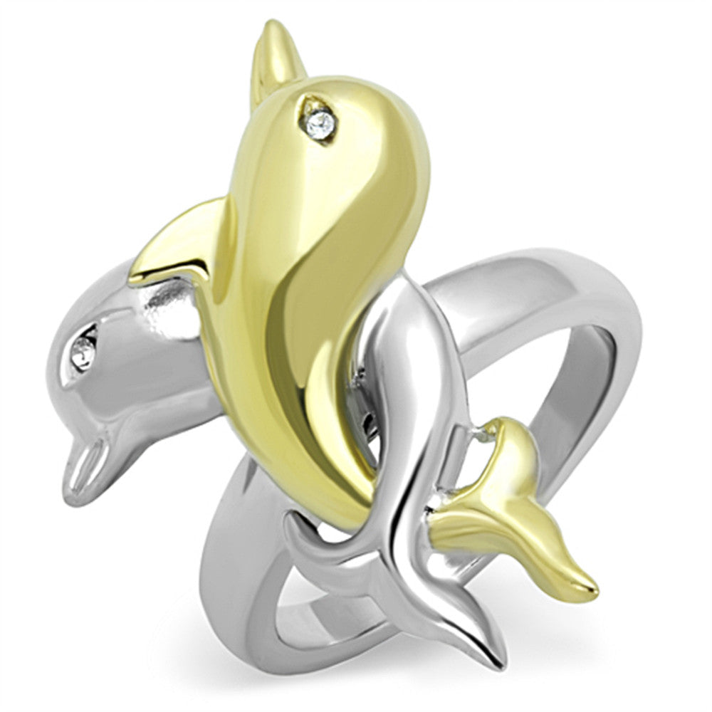 TWO TONED STAINLESS STEEL 316L DOLPHIN CRYSTAL PROMISE / FASHION RING WOMEN'S SIZE 5-10