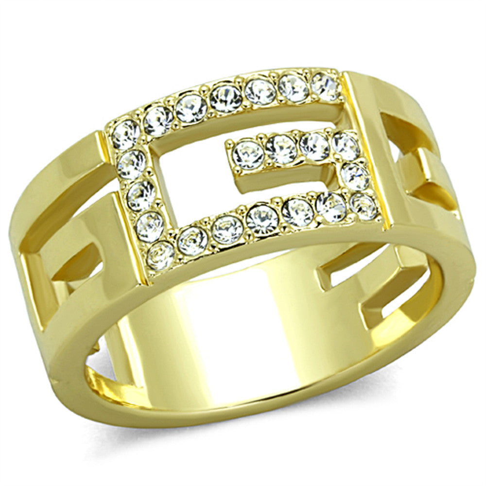 14K GOLD ION PLATED STAINLESS STEEL 316L LETTER G CRYSTAL FASHION RING SIZE 510