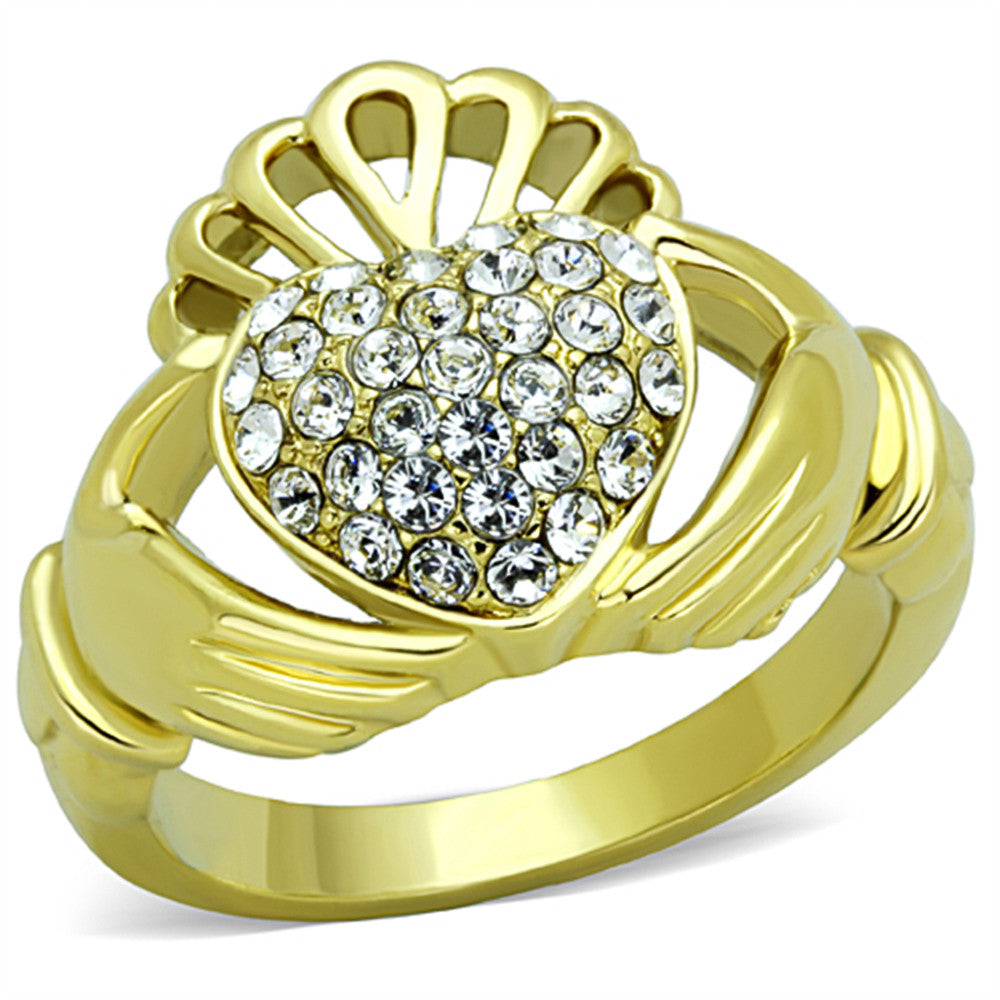 1.02Ct Crystal 14K Gold Plated Stainless Steel Irish Claddagh Ring Women Sz 5-10