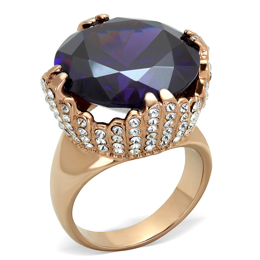 20.5CT AMETHYST ZIRCONIA ROSE GOLD PLATED STAINLESS STEEL COCKTAIL RING SZ 5-1 0
