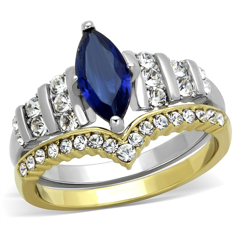 ARTK1796 Stainless Steel 316 Two Toned Blue Marquise Glass 2pc Wedding Ring Set Size 5-10