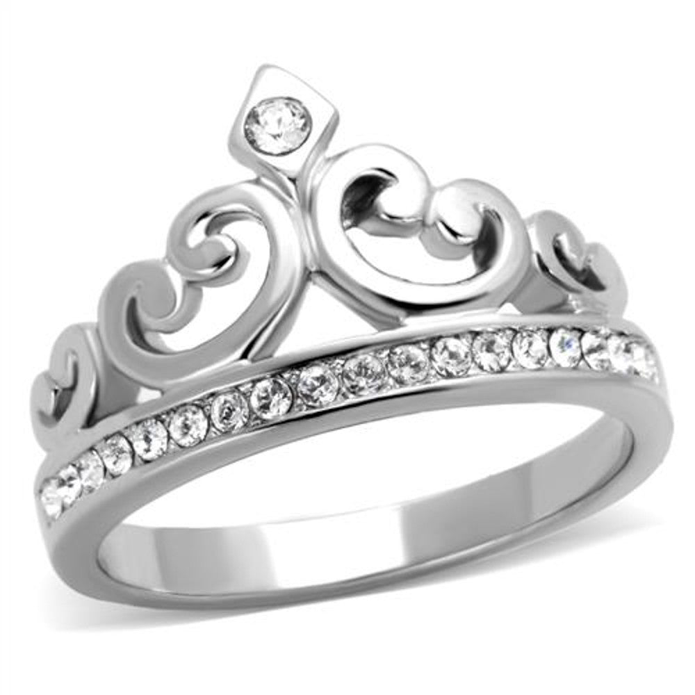 Princess Royalty Crystal Crown Silver Stainless Steel Fashion Ring