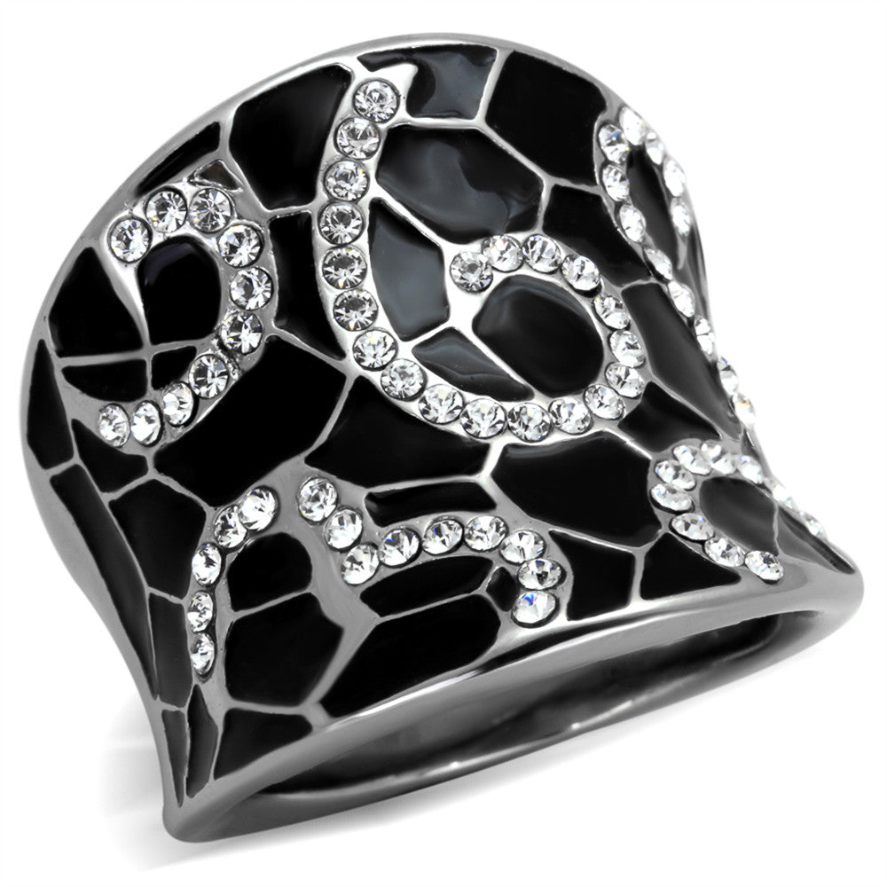 STAINLESS STEEL 316 BLACK EPOXY & CRYSTAL COCKTAIL FASHION RING WOMENS SIZE 5-10